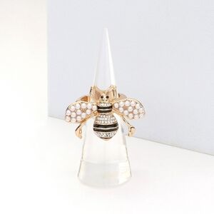 Black Gold Cream Pearl Rhinestone Crystal Stretch Honey Bee Ring